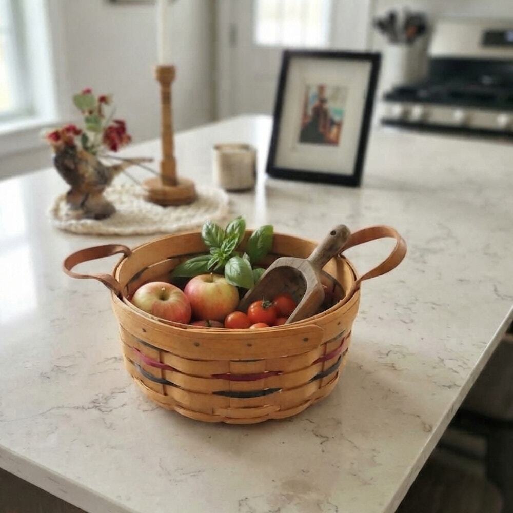 VTG 1994 Longaberger Round Fruit Basket Wood Woven Bowl Leather Handles